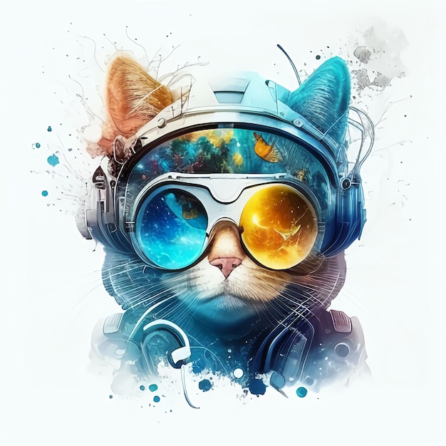 cat wearing glasses with geometric space art futuristic album cover style neon