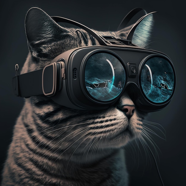 A cat wearing goggles that has the word on it