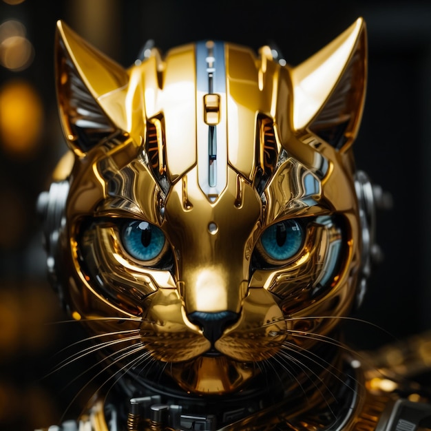 A cat wearing gold armor and a helmet