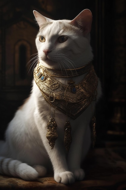 A cat wearing a gold collar with a gold medallion on it.