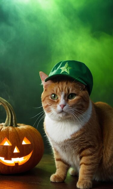 Photo a cat wearing a green hat with a pumpkin on it