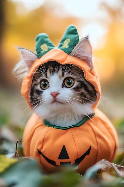 Photo a cat wearing a halloween costume is wearing a pumpkin costume