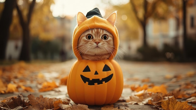 a cat wearing a halloween costume sits on a fallen leaves