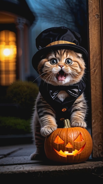 a cat wearing a halloween costume sits on a porch