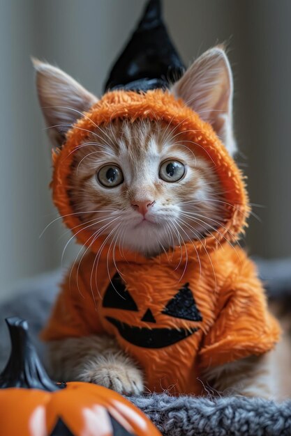 Photo a cat wearing a halloween costume sits on a table