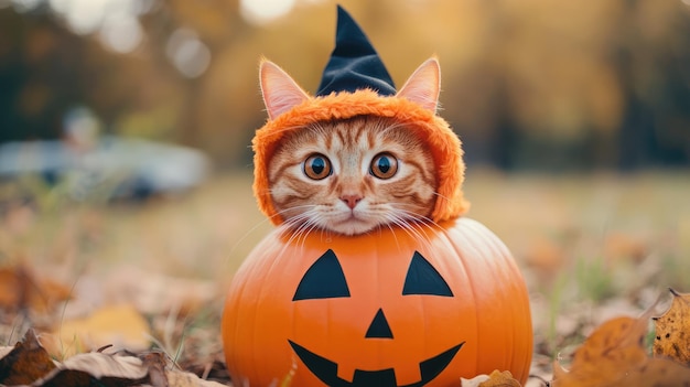 Photo a cat wearing a halloween pumpkin hat sits in the grass