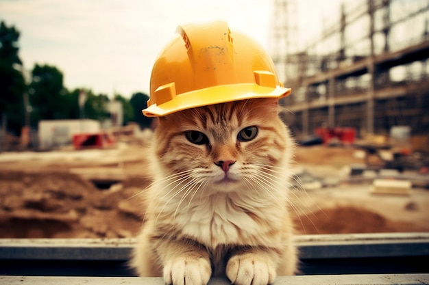 Cat Wearing a Hard Hat on a Construction Site AI