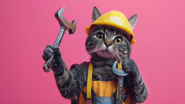 a cat wearing a hard hat and a hard hat holds a wrench