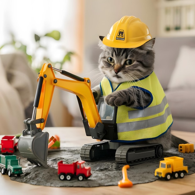 Photo a cat wearing a hard hat is playing with a construction worker