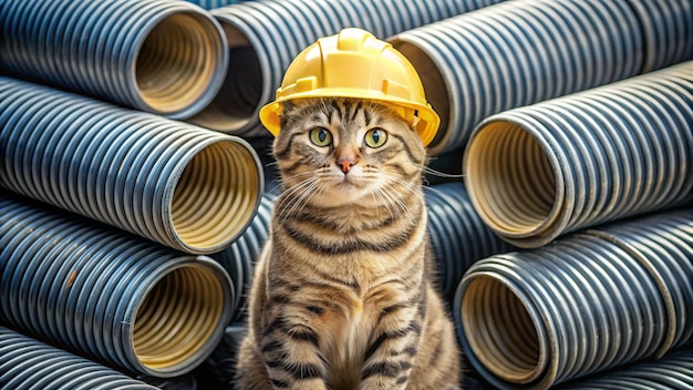 a cat wearing a hard hat sits in front of a stack of pipes