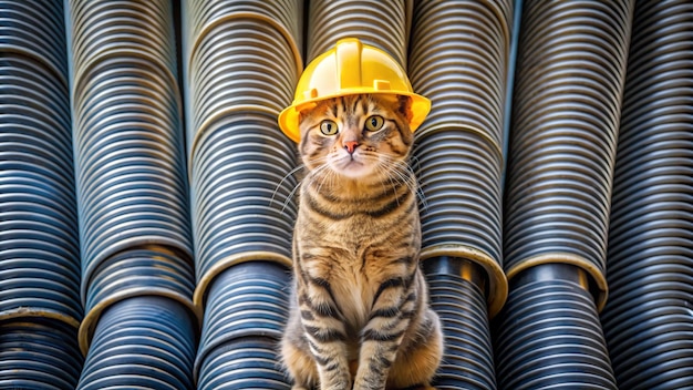 a cat wearing a hard hat sits on a window sill