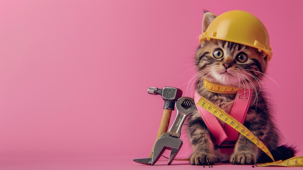 a cat wearing a hard hat and a yellow hard hat with the word  tabby  on it