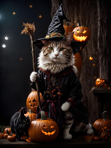 A cat wearing a hat like a witch for Halloween themed