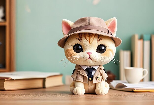 a cat wearing a hat sits on a table next to books