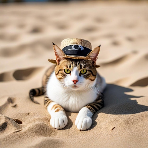 a cat wearing a hat that says  cat  on it