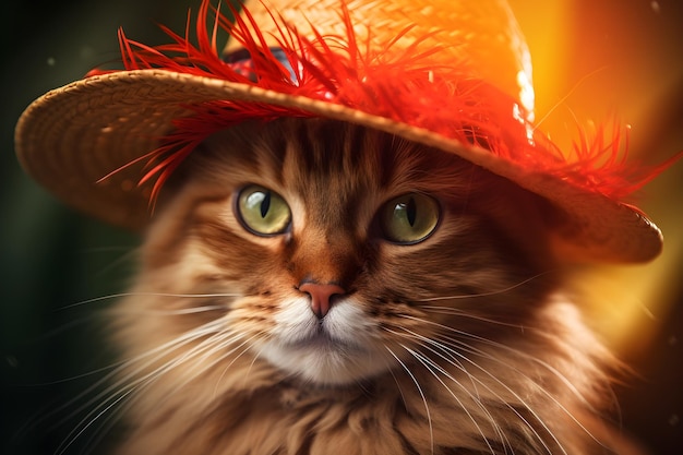 A cat wearing a hat that says'cat'on it '