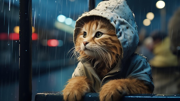 A cat wearing a jacket caught in the rain on a blurred background