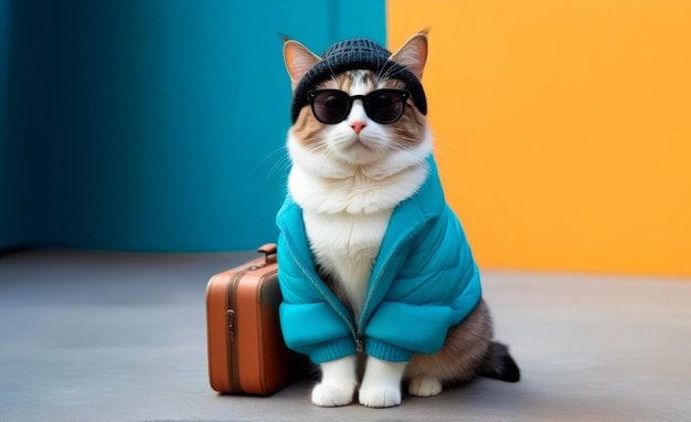 a cat wearing a jacket and sunglasses sits on a floor