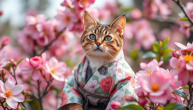 a cat wearing a kimono is standing in a flowered bush