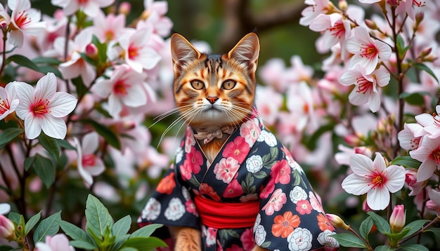 a cat wearing a kimono is standing in front of a flowering tree