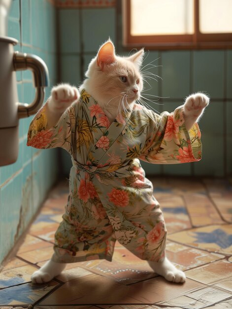 Photo a cat wearing a kimono stands in front of a sink