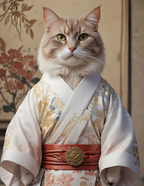 Photo a cat wearing a kimono with a gold ring on its neck