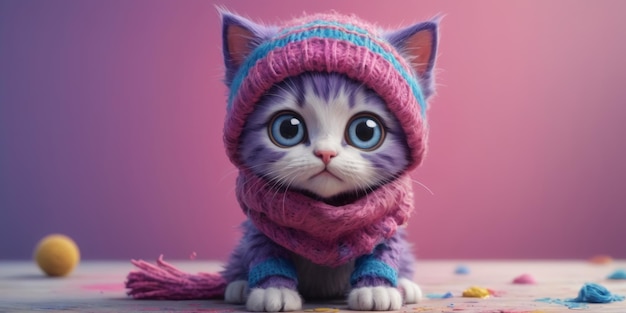 cat wearing a knitted scarf and hat