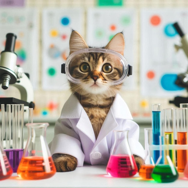 a cat wearing a lab coat is wearing a lab coat