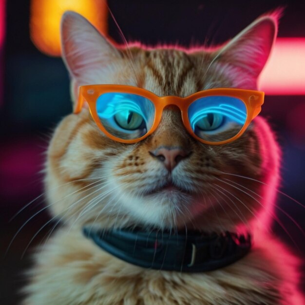 a cat wearing orange glasses that says cat