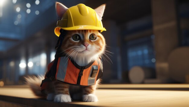 Photo a cat wearing an orange and yellow hard hat