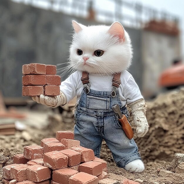 a cat wearing overalls stands in front of bricks and a brick wall