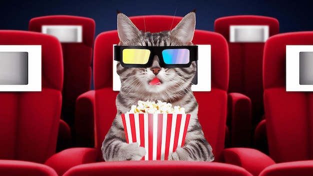 a cat wearing a pair of 3d glasses is sitting in a movie theater