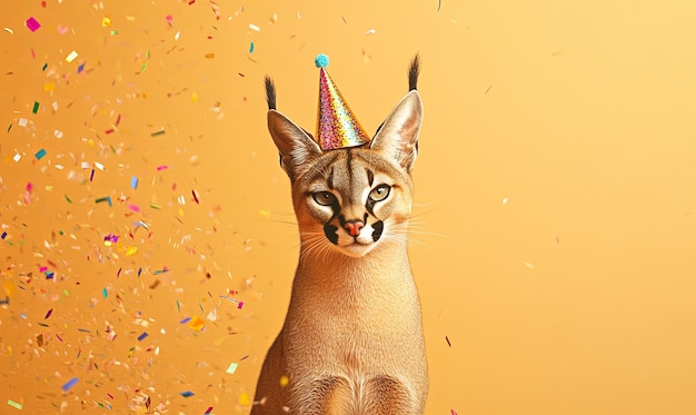 Photo a cat wearing a party hat is standing in a room full of confetti