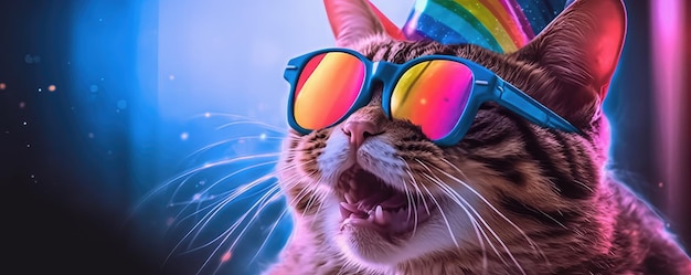 A cat wearing a party hat and sunglasses with the words happy birthday on it