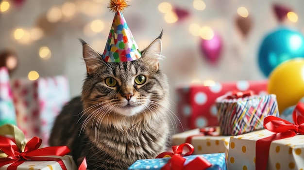 Photo a cat wearing a party hat surrounded by birthday gifts and ribbons