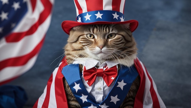 cat wearing a patriotic top hat and bow tie with a flag draped around its shoulders