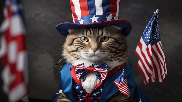 cat wearing a patriotic top hat and bow tie with a flag draped around its shoulders