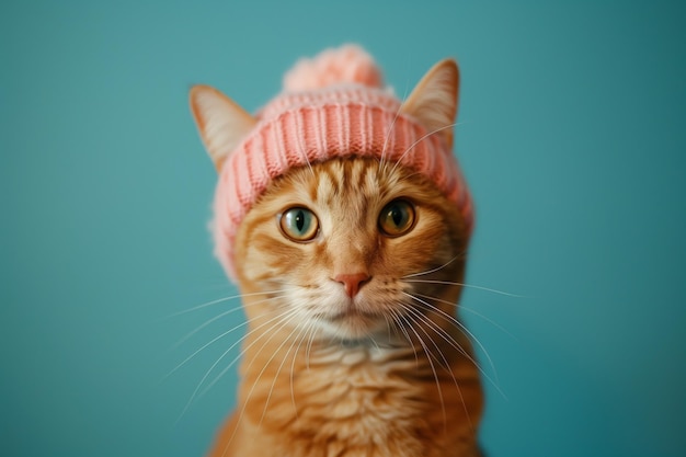 A cat wearing a pink hat is staring at the camera