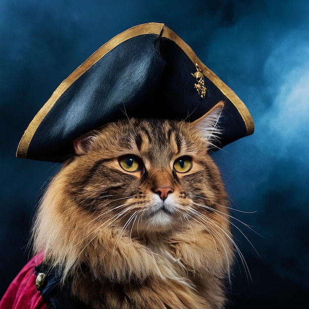 Cat wearing a pirate captain costume close up portrait cosplay concept pet costumes pet day