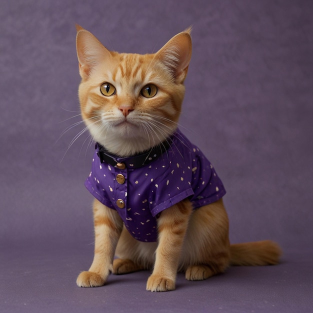 a cat wearing a purple shirt that says quot cat quot