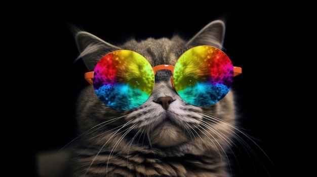 Cat wearing rainbow glasses on a black background