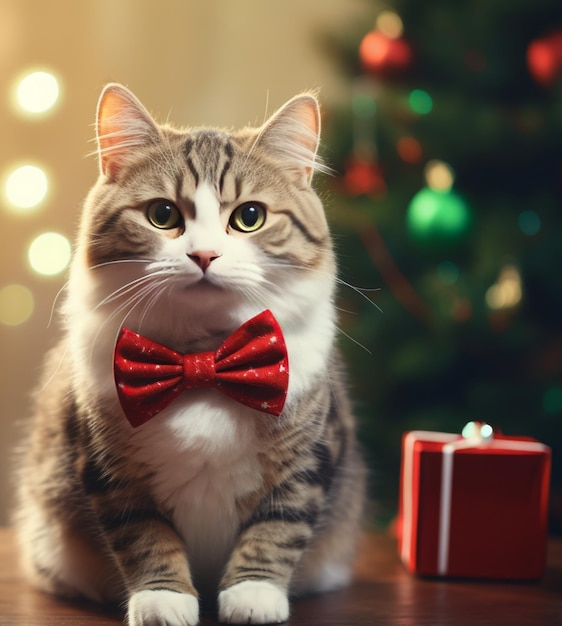 A cat wearing a red bow tie is sitting on Christmas bokeh background