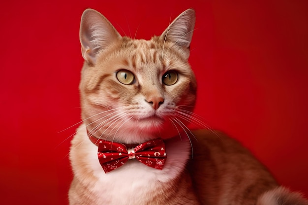 A cat wearing a red bow tie is sitting on a red background.