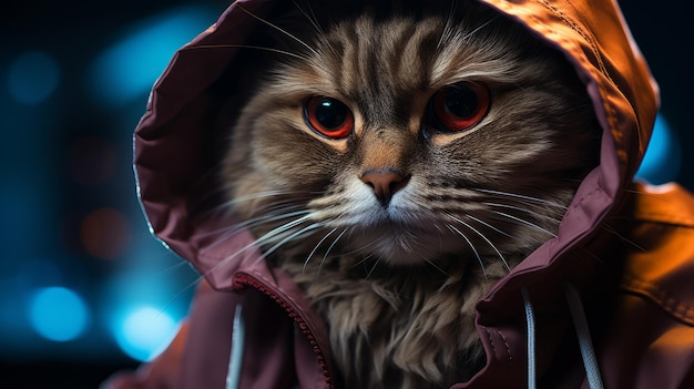 A cat wearing a red and purple jacket with the hood up