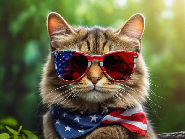 a cat wearing a red white and blue scarf with the words usa on it