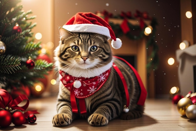 a cat wearing a santa hat sits in front of a christmas tree