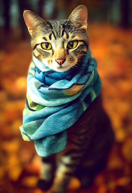 A cat wearing a scarf in an Autumn forest.