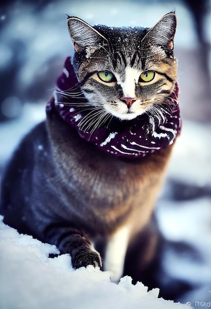 A cat wearing a scarf in an snow forest.