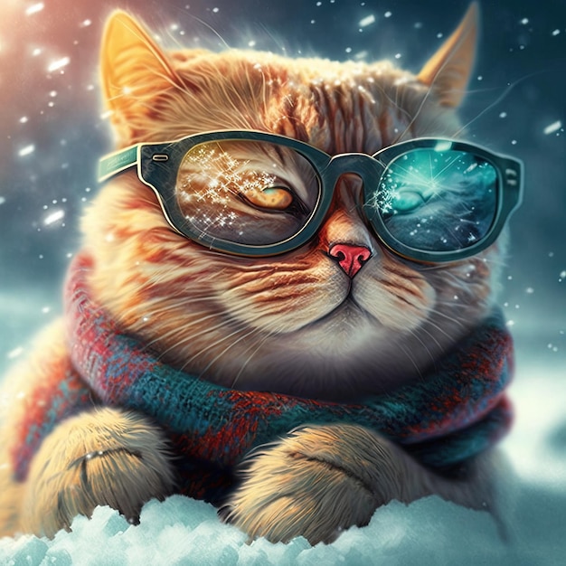 A cat wearing a scarf and sunglasses is in the snow.