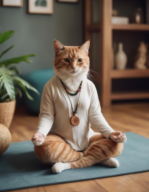 Photo a cat wearing a shirt that says quot cat quot sits on a mat